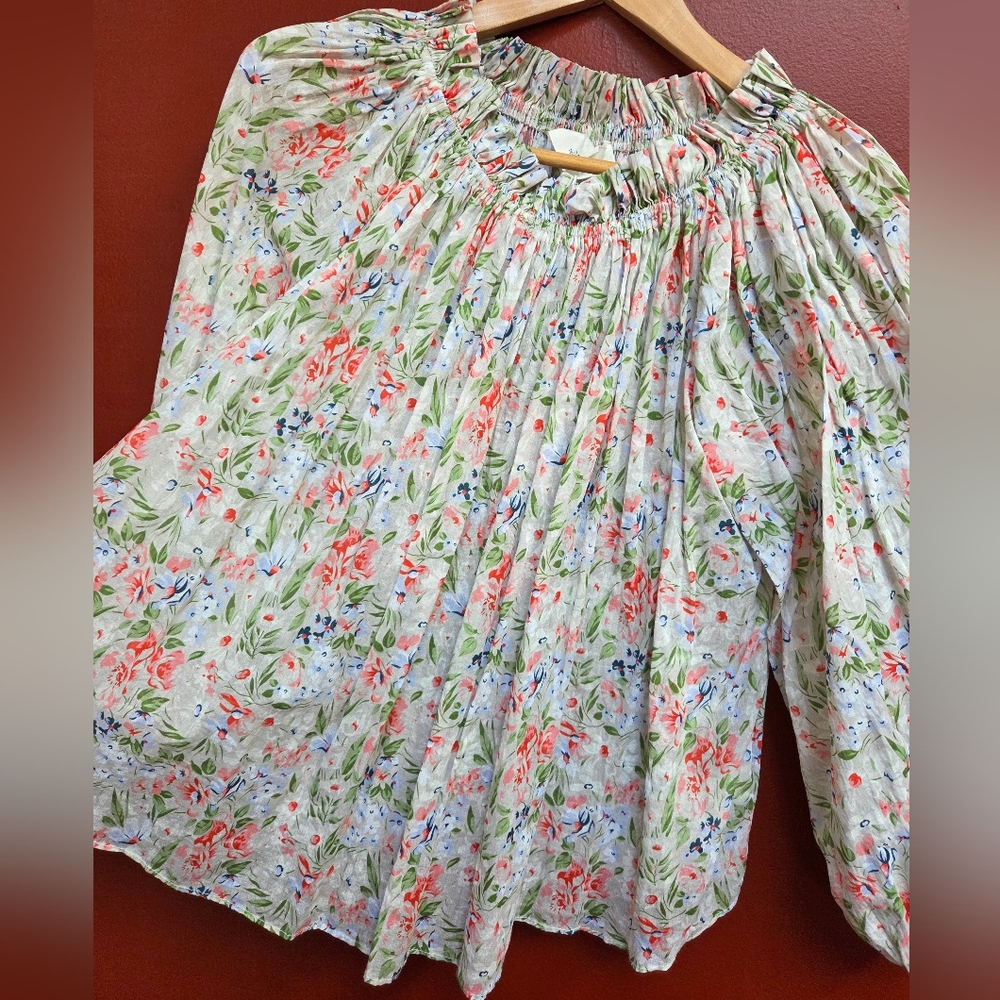 THE GREAT. Floral Peasant Blouse in White, Green, Coral & Blue